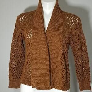 NWT Ellen Tracy Shaw Collar Crocheted Shrug Cardigan Brown Metallic Sparkle XS